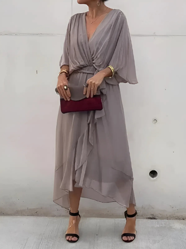 Lightweight Midi Dress with V Neck and Draped Sleeves for Women