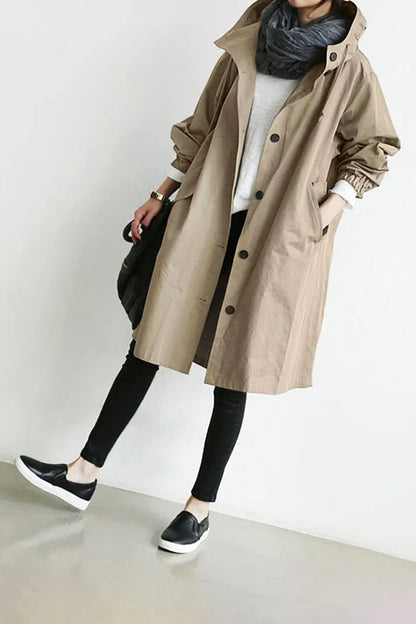 Women's Oversized Button-Up Trench Coat with Hood and Pockets