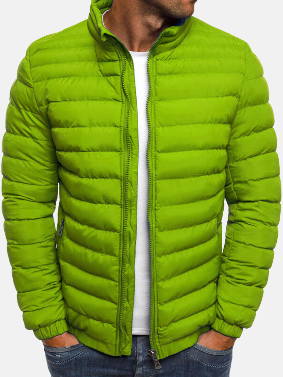 Men's Puffer Bomber Jacket with Zip Closure Stand Collar and Cuffs