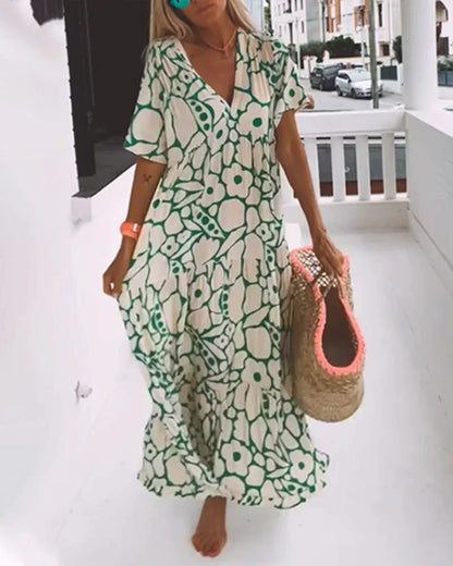 Women's V-Neck Maxi Dress with Short Sleeves and Floral Print