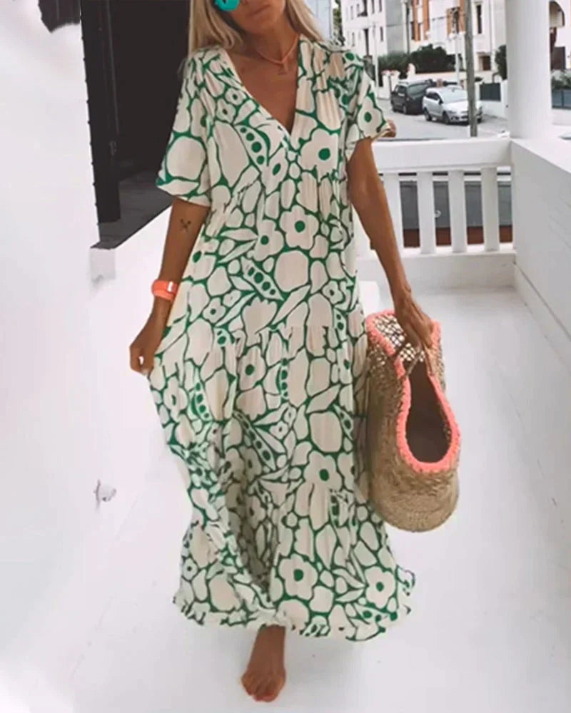 Women's Short-Sleeve V-Neck Maxi Dress with Graphic Floral Print