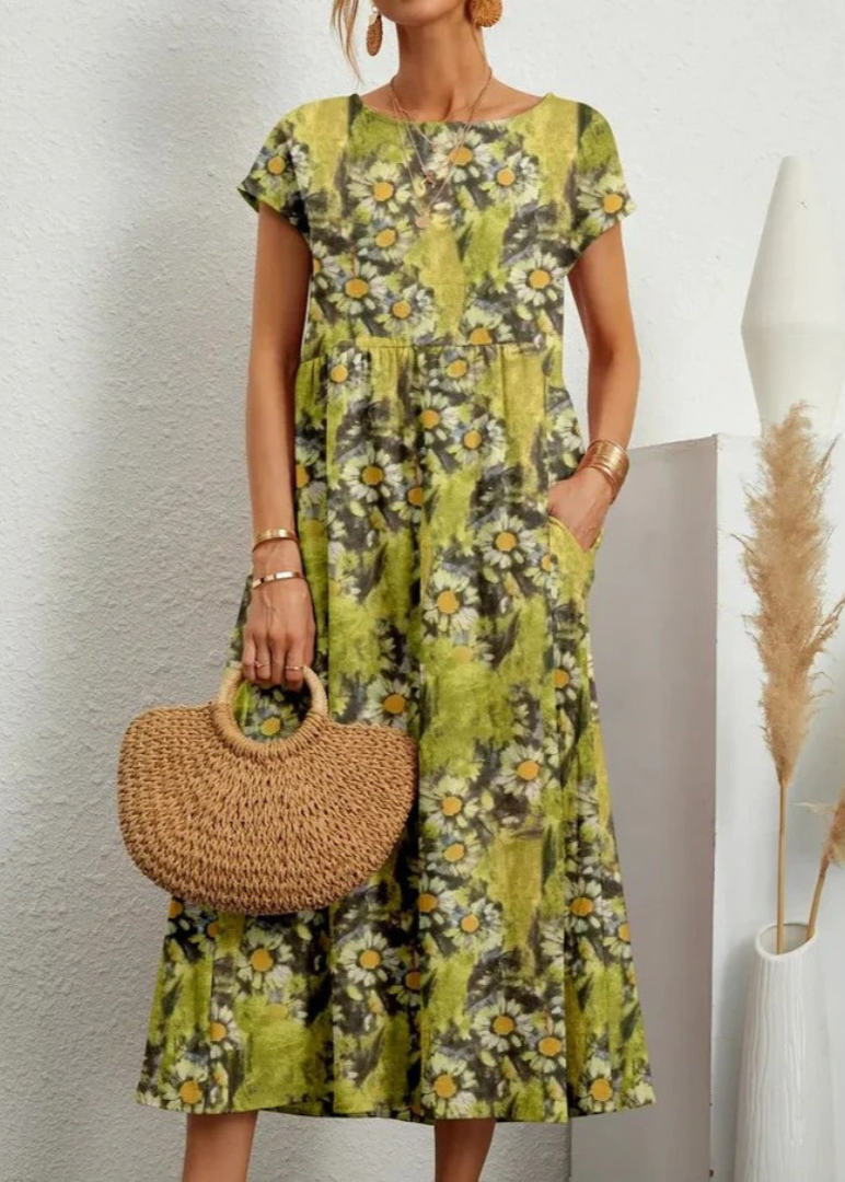 Women's Boho Floral Maxi Dress with Short Sleeves and Side Pockets