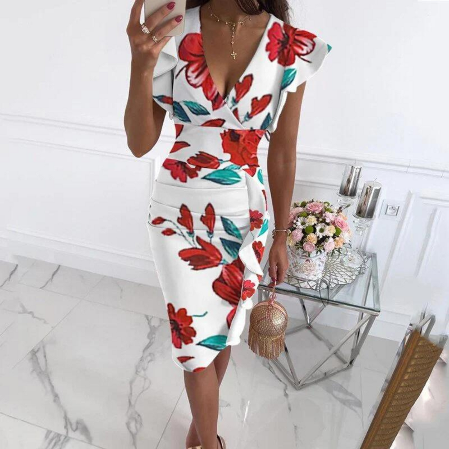 Women's Floral V-Neck Midi Dress with Ruffle Sleeves and Draping