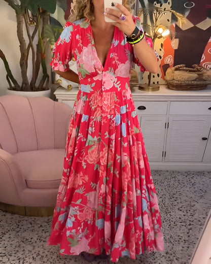 Women's Short-Sleeve Floral Maxi Dress with V-Neck and Flowing Skirt