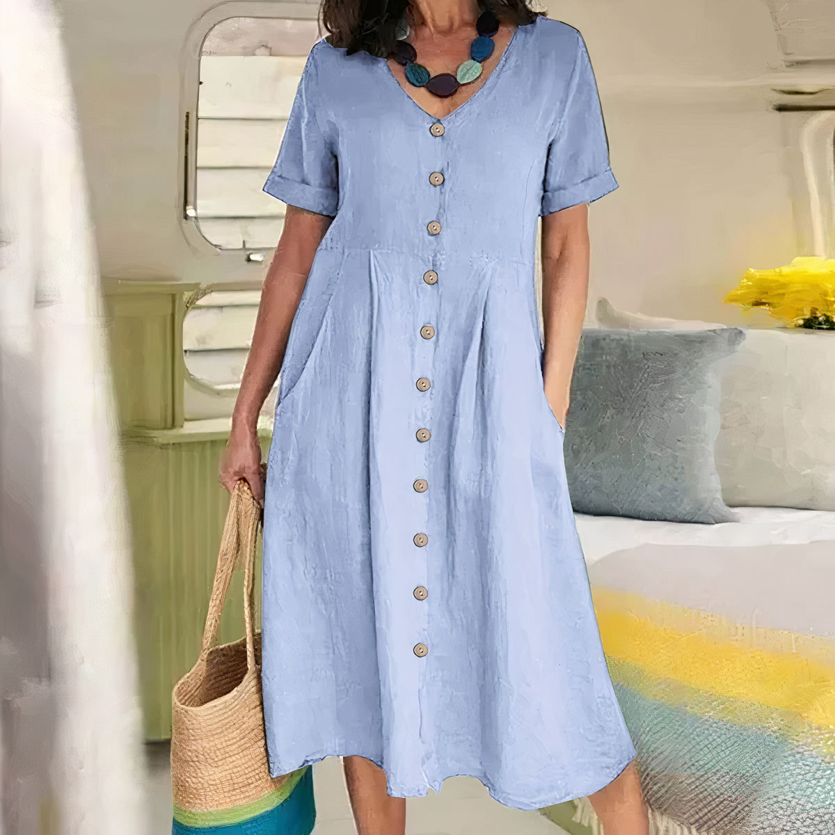 Women's Button-Front Midi Dress with Pockets and Short Sleeves
