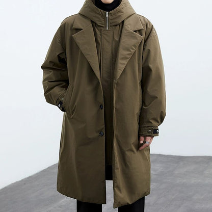 Men's Long Waterproof Puffer Trench Coat with Hood