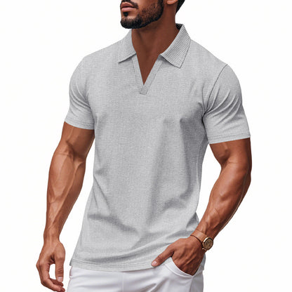 Men’s Summer V-Neck Waffle Polo Shirt – Slim & Lightweight