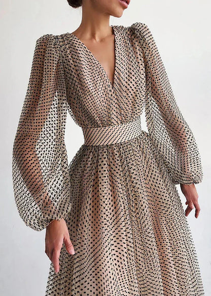 Women's Long Sleeve Polka Dot V-Neck Midi Dress