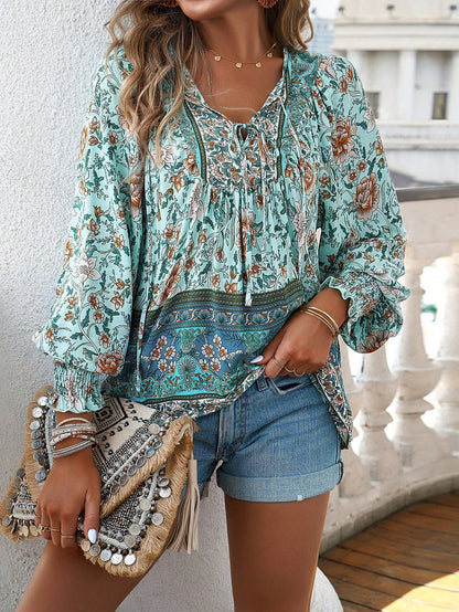 Women's Boho Floral Tunic Top with Long Sleeves and V-Neck Tie