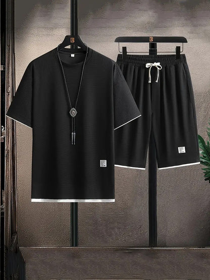 Men's Two-Piece Set with Short-Sleeve Top and Drawstring Shorts
