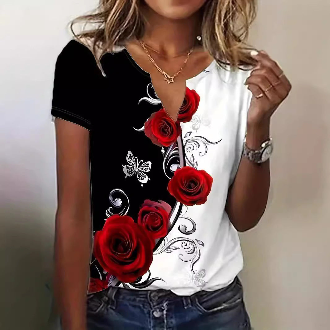 Women's Floral Short-Sleeve Button Top with Loose Casual Fit