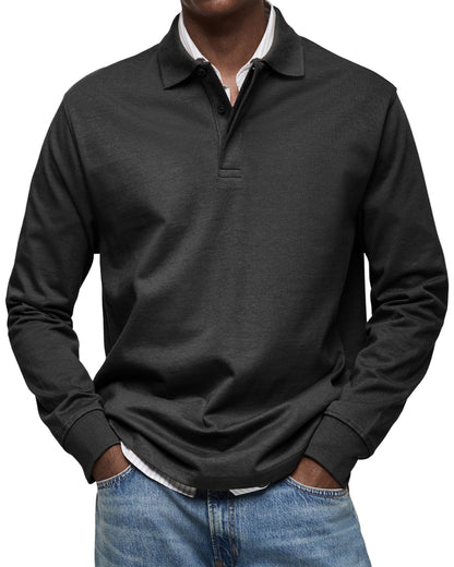 Men's Long Sleeve Polo Shirt with Button Collar and Cuffed Hem