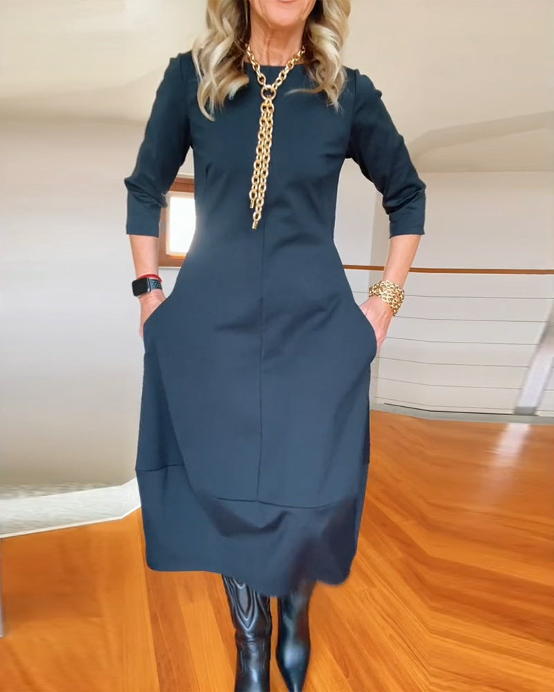 Women’s Elegant Midi Dress – 3/4 Sleeve Minimalist Workwear Style