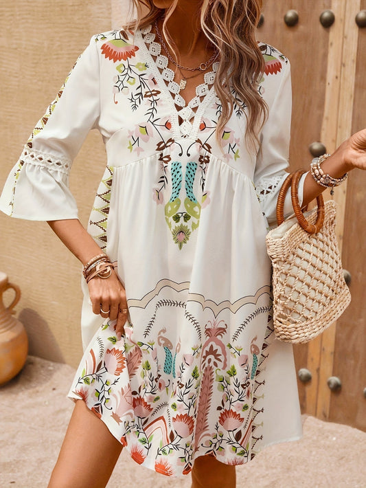 Women's Boho Embroidered Mini Dress with 3/4 Sleeves and V-Neck
