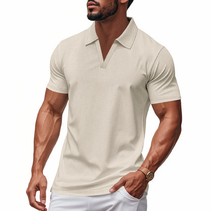Men’s Summer V-Neck Waffle Polo Shirt – Slim & Lightweight