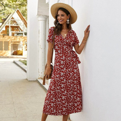 Women's Maxi Dress with Floral Print and Short Sleeves