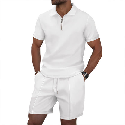 Men’s Solid Color Polo Collar T-Shirt & Shorts Set – Casual Leisure Outfit