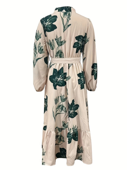 Women's Elegant Floral Maxi Dress with Belted Waist and Long Sleeves