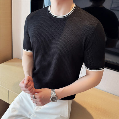 Men’s Slim Fit Round Neck T-Shirt with Contrast Color Detail – Stretch Knitted Comfort