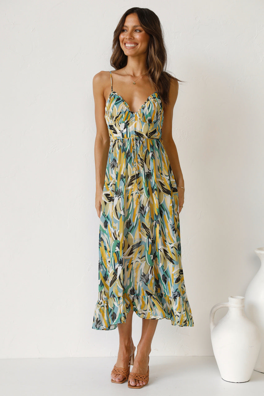 Women’s Floral V-Neck Midi Dress with Ruffled Hem