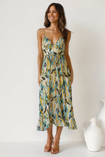 Women’s Floral V-Neck Midi Dress with Ruffled Hem