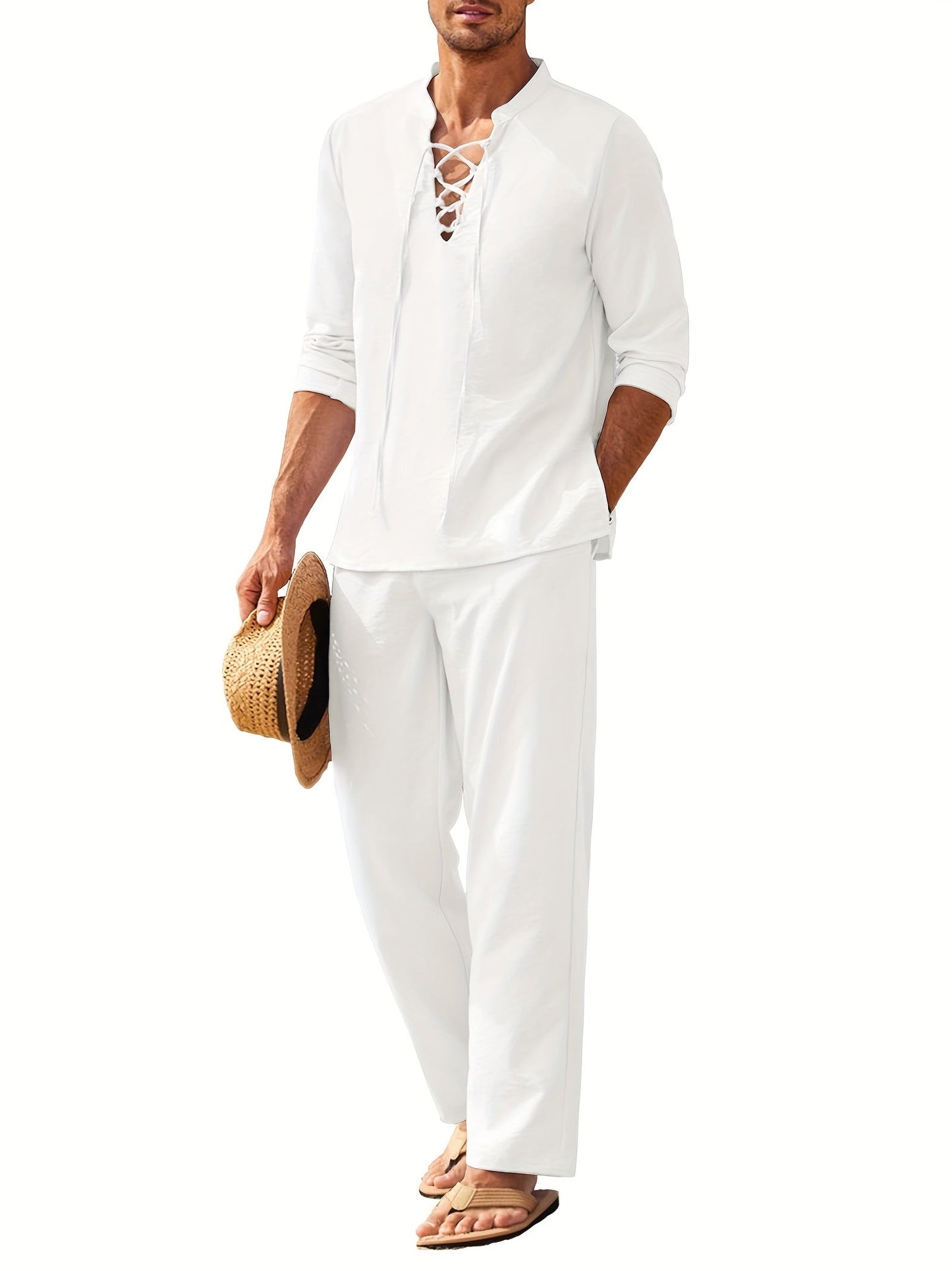 Men's Lace Up Long Sleeve Shirt and Relaxed Pants Two Piece Set
