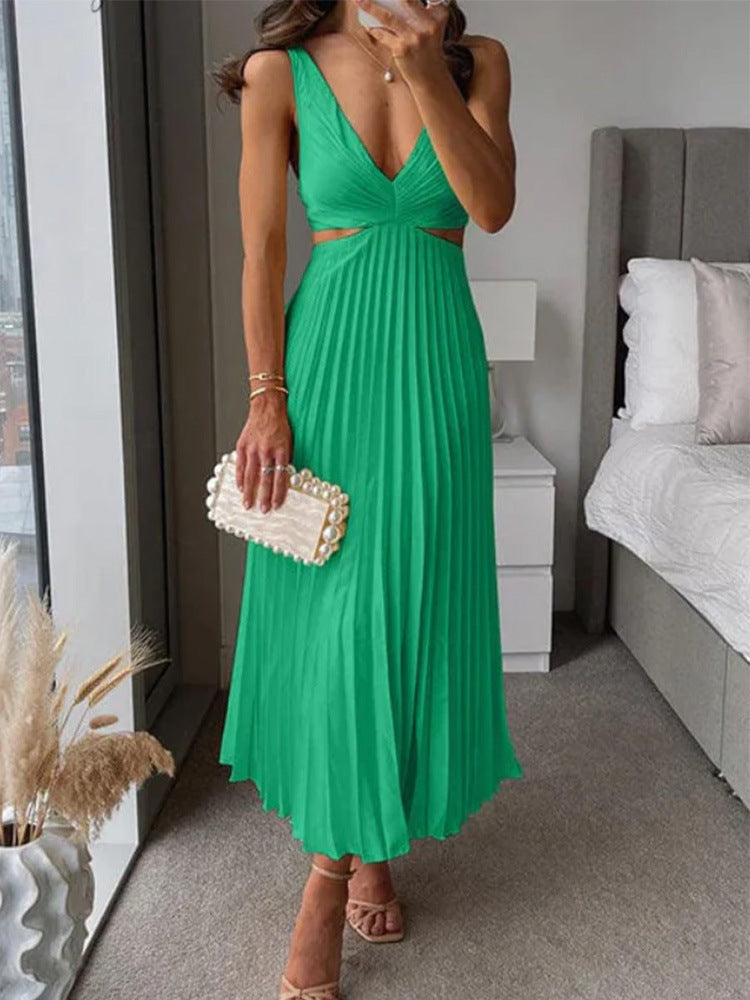 Elegant V-Neck Pleated Skirt Dress for Women