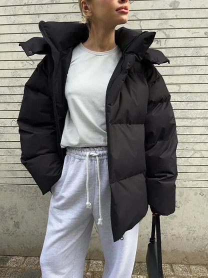Women's Oversized High Collar Puffer Jacket with Quilted Design