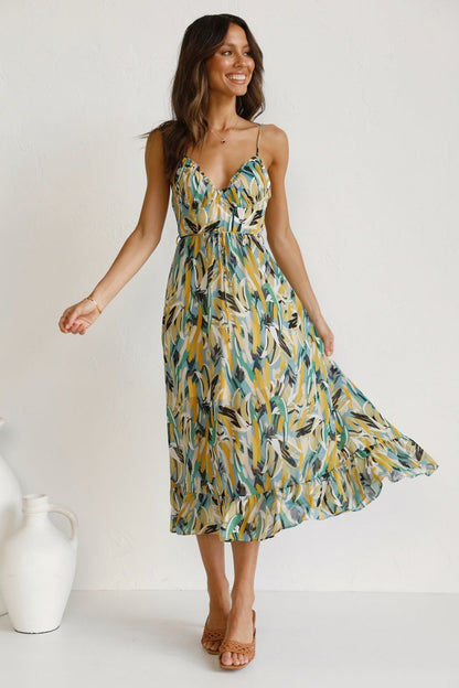 Women’s Floral V-Neck Midi Dress with Ruffled Hem