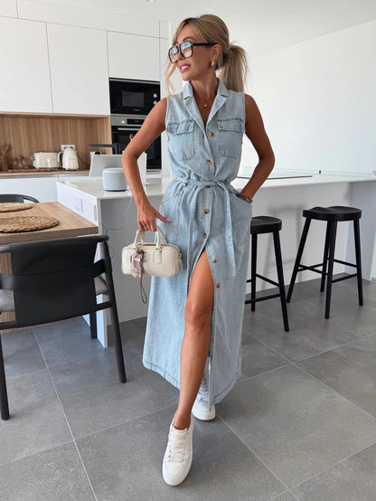 Women's Sleeveless Denim Maxi Dress with Button Front and Belted Waist