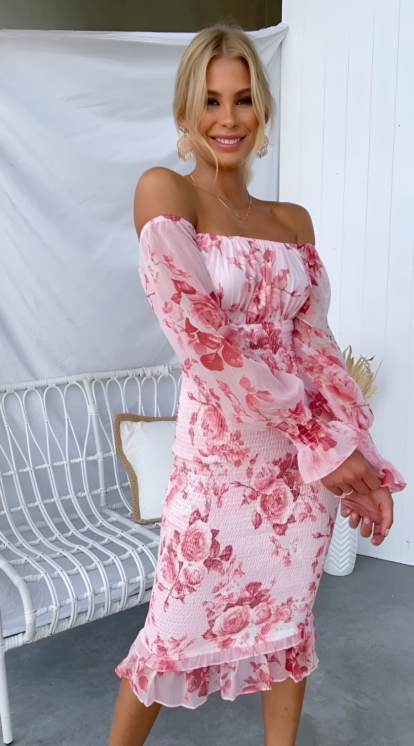 Women's Off-Shoulder Floral Dress with Smocked Waist and Flowing Sleeves