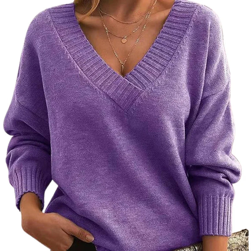 Women’s V-Neck Textured Knit Jumper with Relaxed Fit Regular Length