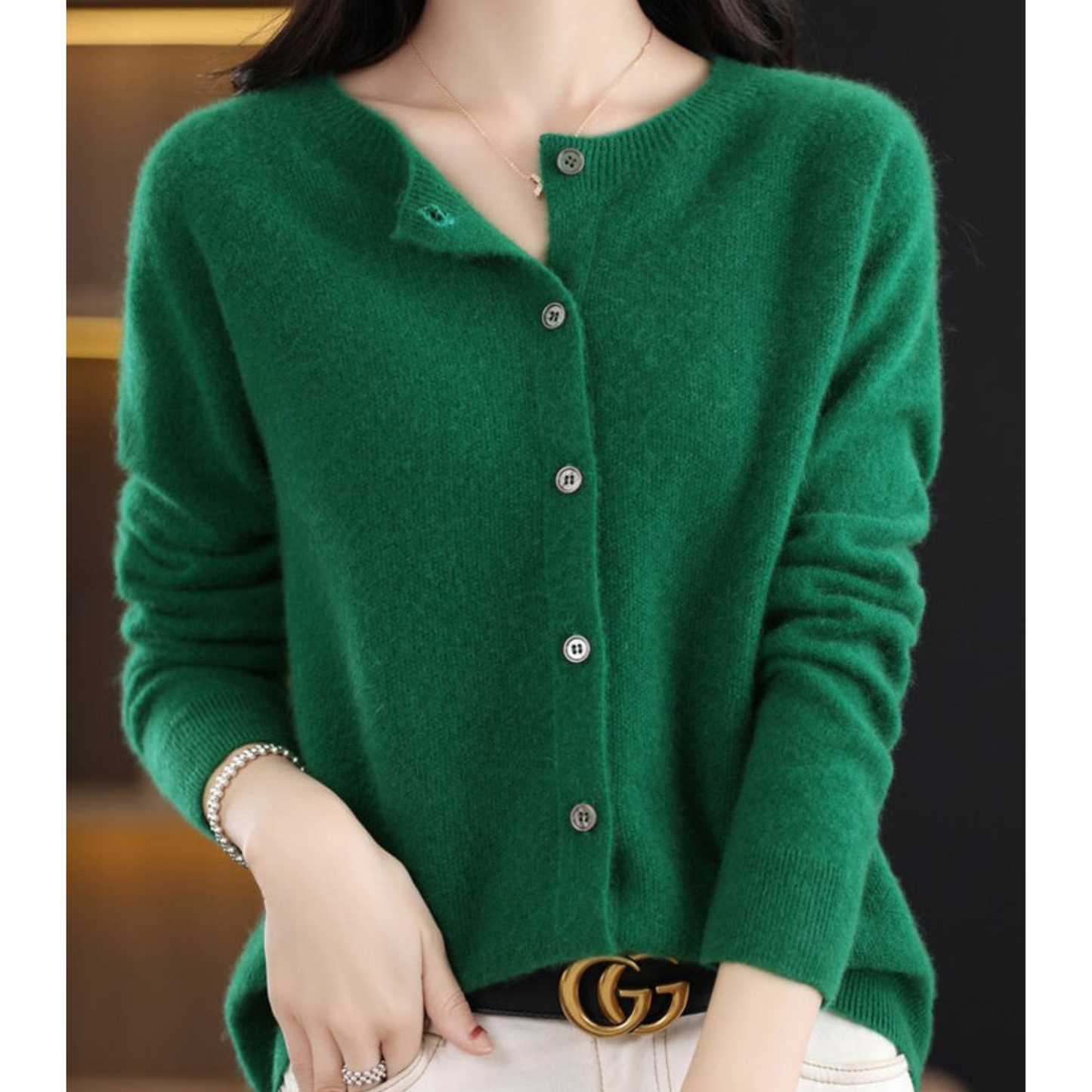 Women's Soft Knit Cardigan with Round Neck and Button Closure