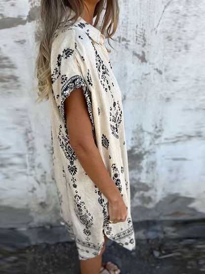 Women's Vintage Button-Down Floral Midi Dress with Collar and Side Pockets