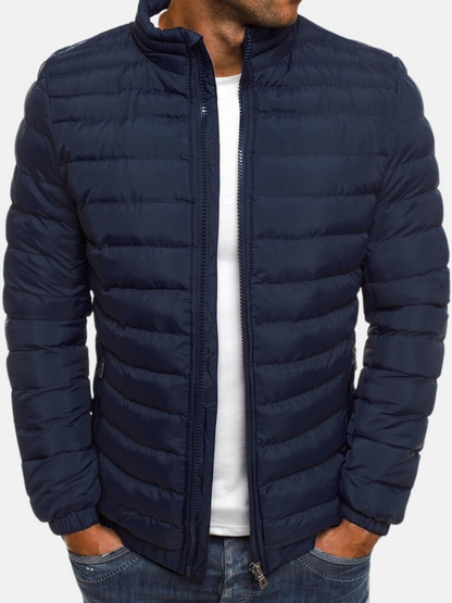 Men's Puffer Bomber Jacket with Zip Closure Stand Collar and Cuffs