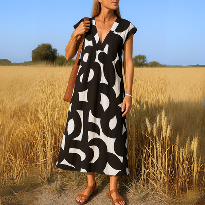 Women's V-Neck Maxi Dress with Abstract Print and Cap Sleeves