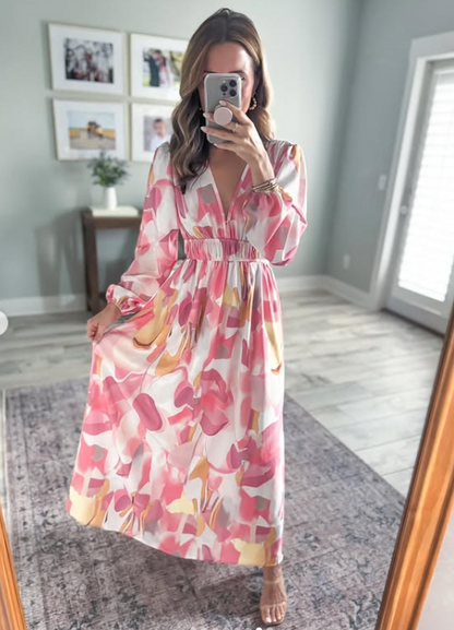 Women's Long Sleeve V-Neck Maxi Dress with Cinched Waist and Print
