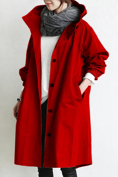 Women's Oversized Button-Up Trench Coat with Hood and Pockets
