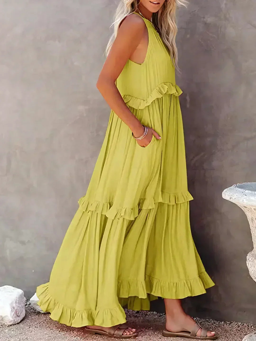 Women's Halterneck Maxi Dress with Ruffle Layers and Side Pockets