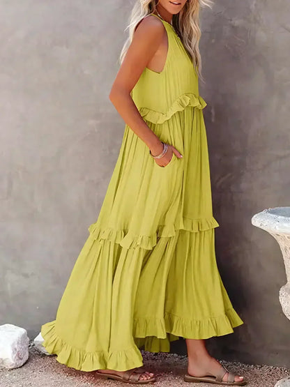 Women's Halterneck Maxi Dress with Ruffle Layers and Side Pockets