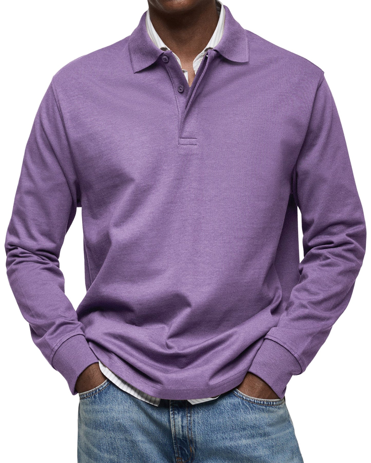 Men's Long Sleeve Polo Shirt with Button Collar and Cuffed Hem