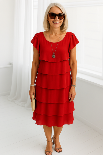 Tiered Knee Length Cocktail Dress with Flutter Sleeves for Women
