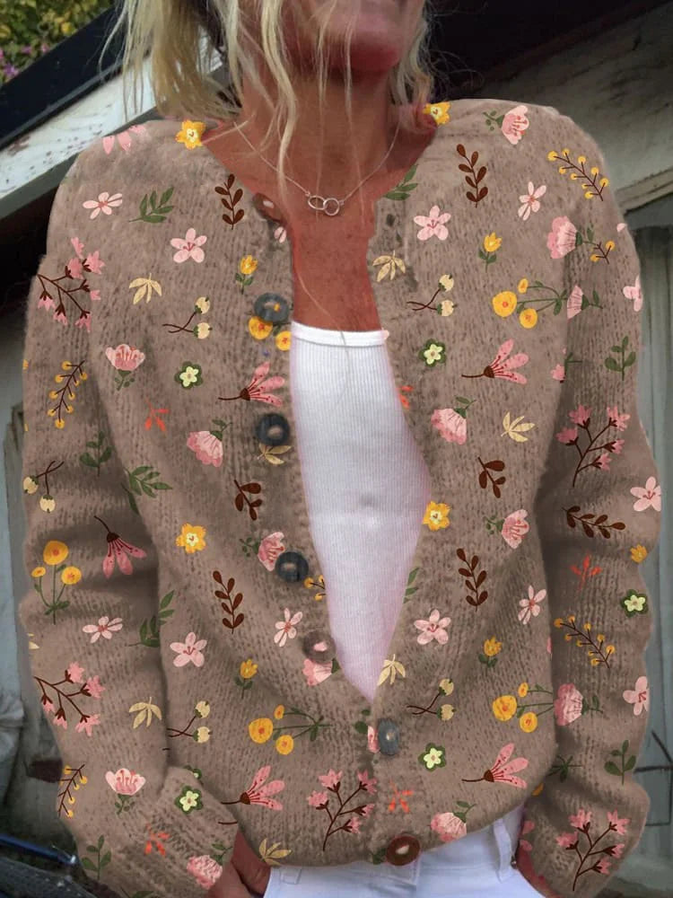 Women's Floral Knit Cardigan with Crew Neck and Button Closure