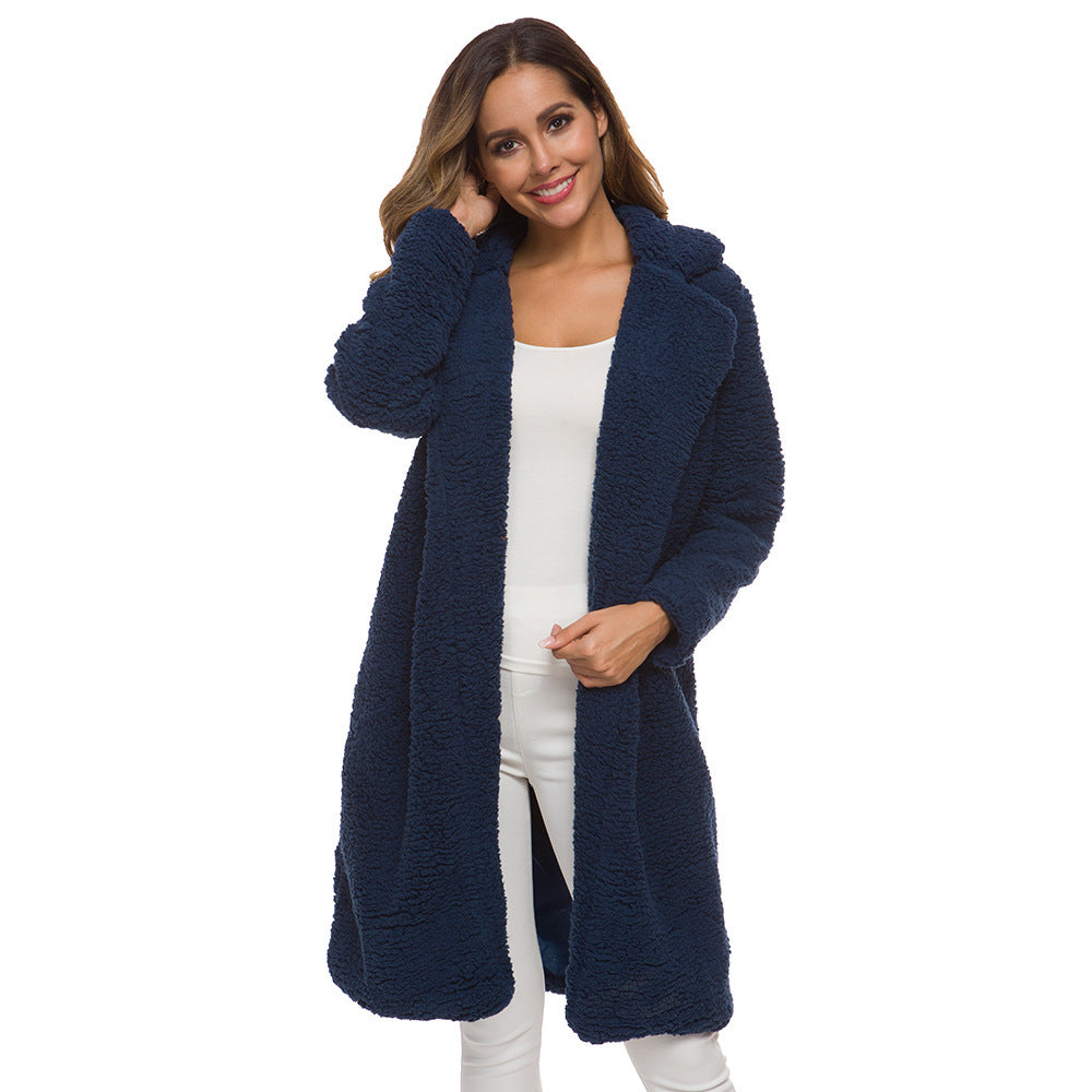 Women's Long Oversized Winter Teddy Coat with Lapel Collar