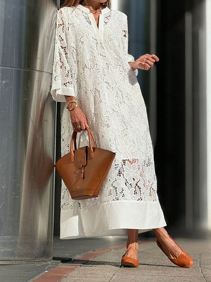 Women's Elegant Lace Maxi Dress with Sheer Floral Overlay
