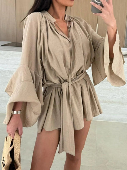 Women's V-Neck Mini Dress with Tiered Sleeves and Waist Tie Detail