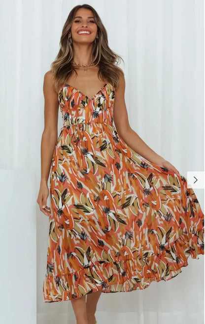 Women’s Floral V-Neck Midi Dress with Ruffled Hem