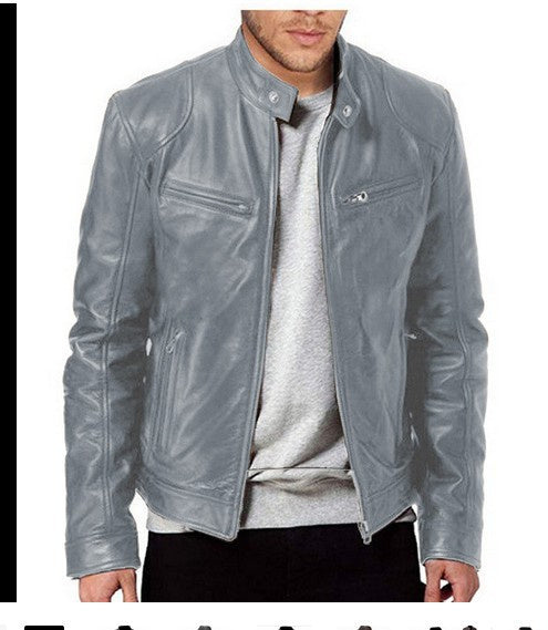 Men's Sleek Leather Jacket with Zip Closure and Stand Collar Design