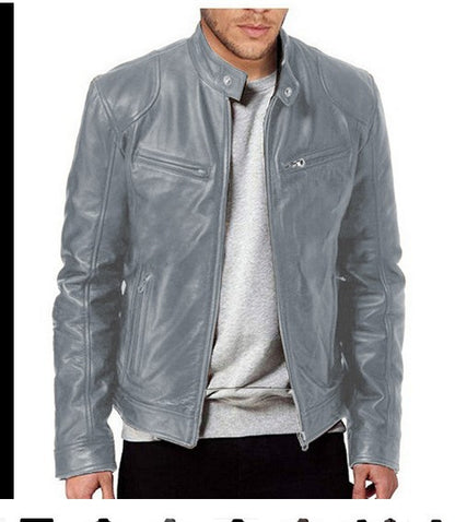 Men's Sleek Leather Jacket with Zip Closure and Stand Collar Design