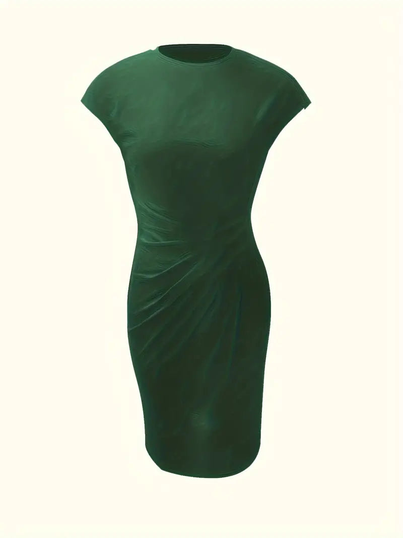 Women's Knee-Length Sheath Dress with Ruched Waist and Cap Sleeves